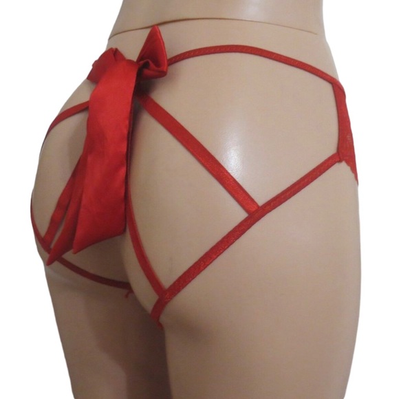 NWT SEVEN ‘TIL MIDNIGHT Lace Front Panty w Strappy Back & Satin Ribbon Bow Red S - Picture 4 of 7